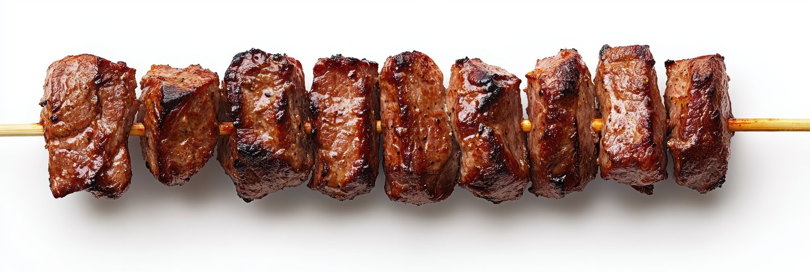 A close-up of a skewer of grilled beef, ready to be eaten